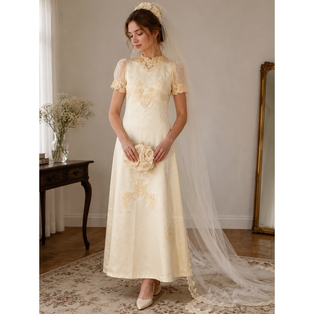 Vintage Womens Wedding Dress Set Small Cream Lace Satin Gown Veil Train Floral